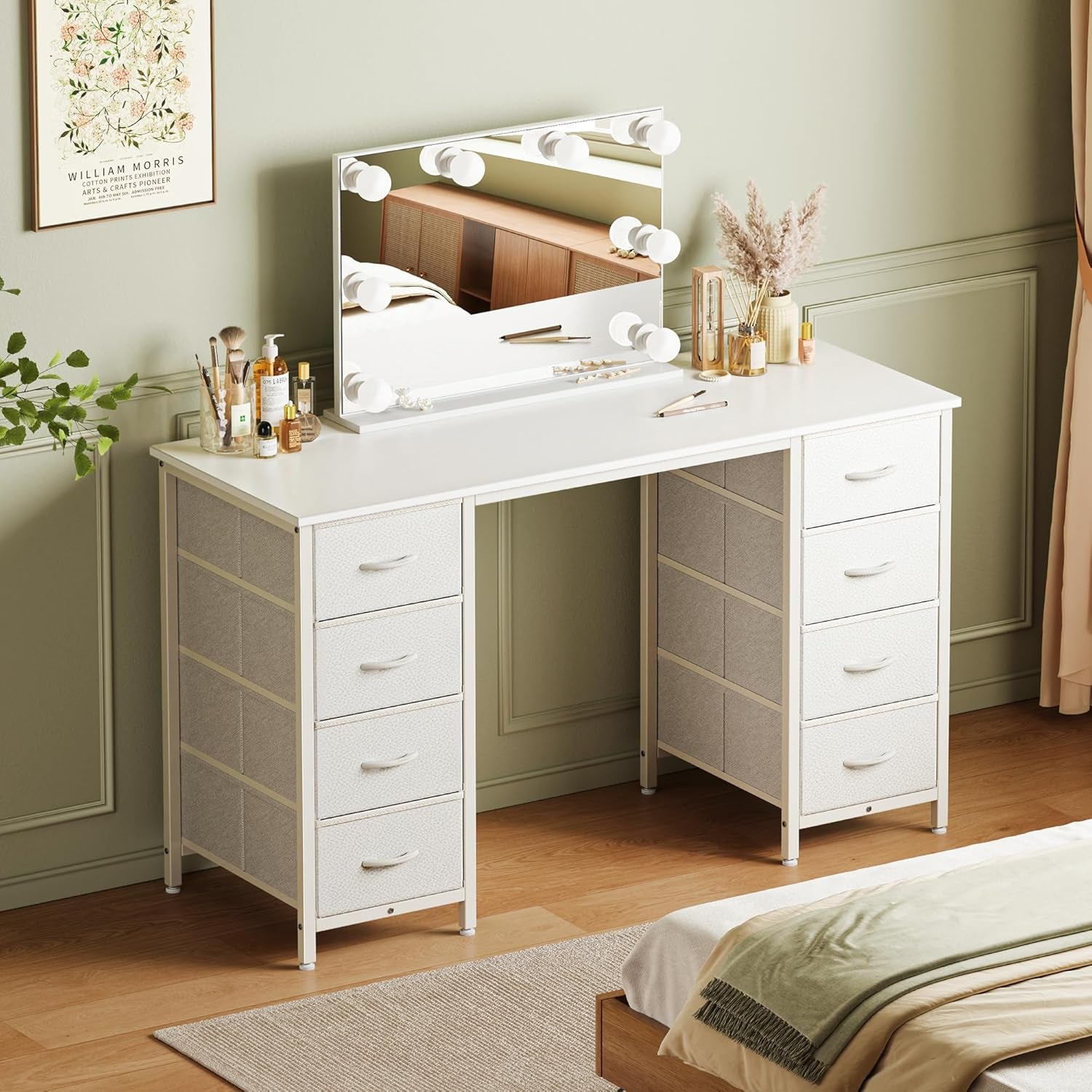 47-Inch White Vanity Desk with 8 Fabric Drawers - Spacious Computer Desk for Home Office and Bedroom Storage
