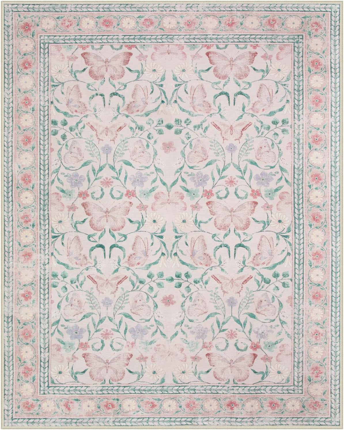 8X10 Butterfly Pink Area Rug for Living Room, Soft Boho Kids Rugs for Bedroom Classroom Rubber Backed, Thin Stain Resistant Floral Large Carpet Non Shedding for Playroom