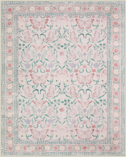 8X10 Butterfly Pink Area Rug for Living Room, Soft Boho Kids Rugs for Bedroom Classroom Rubber Backed, Thin Stain Resistant Floral Large Carpet Non Shedding for Playroom