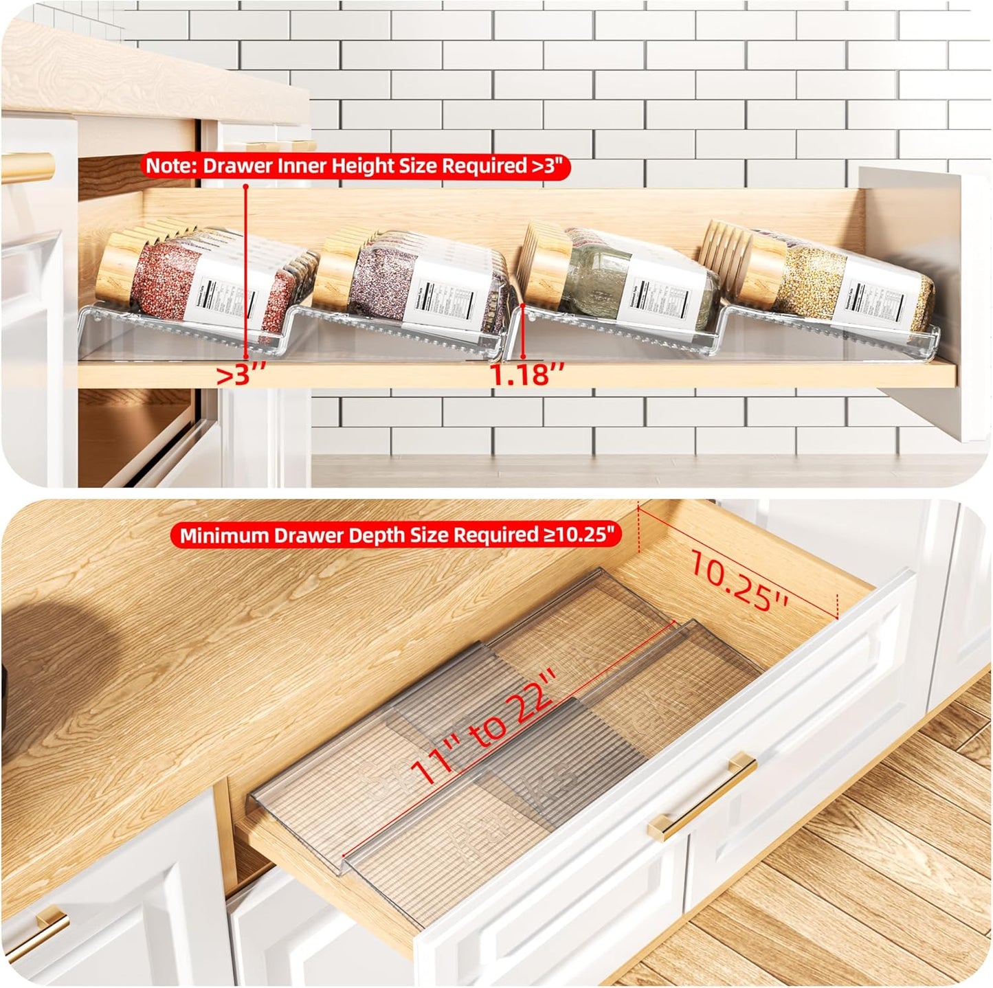 Spice Drawer Organizer, 2 Tier- 2 Pack Clear Acrylic Drawer Seasoning Organizer, Expandable from 11'' to 22'' Kitchen Spice Rack Organizers and Storage for Drawer (Jars Not Included)