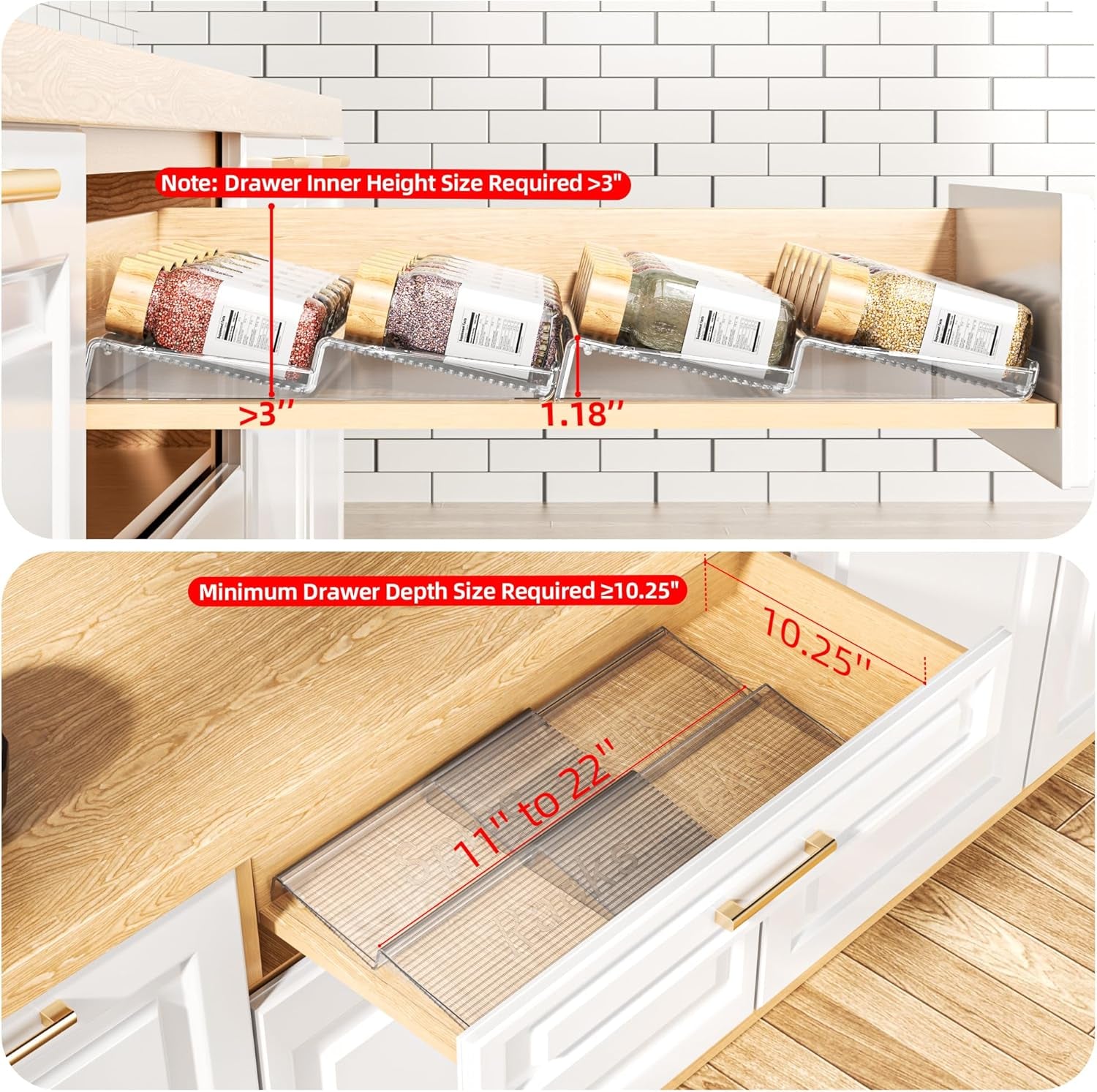 Spice Drawer Organizer, 2 Tier- 2 Pack Clear Acrylic Drawer Seasoning Organizer, Expandable from 11'' to 22'' Kitchen Spice Rack Organizers and Storage for Drawer (Jars Not Included)