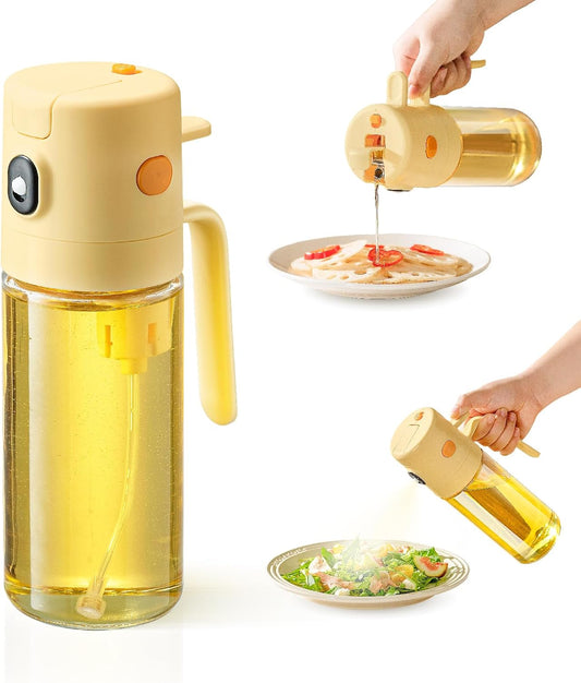 2 in 1 Oil Sprayer & Pour for Cooking, 18.6 Oz(550Ml) Glass Olive Oil Dispenser Bottle, One-Touch Open Lid, Non-Drip Leak-Proof Design, Fine Mist(0.5G/Spray) for Air Fryer, Salad, Yellow