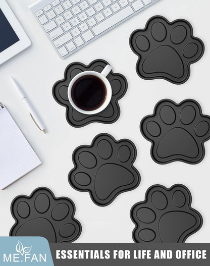 Silicone Coasters 6 Pack Paw Cup Mat with Holder, Dog Cat Paw Shape, for Hot or Cold Drink, Non-Slip, Non-Stick, Room Decor, Housewarming Black