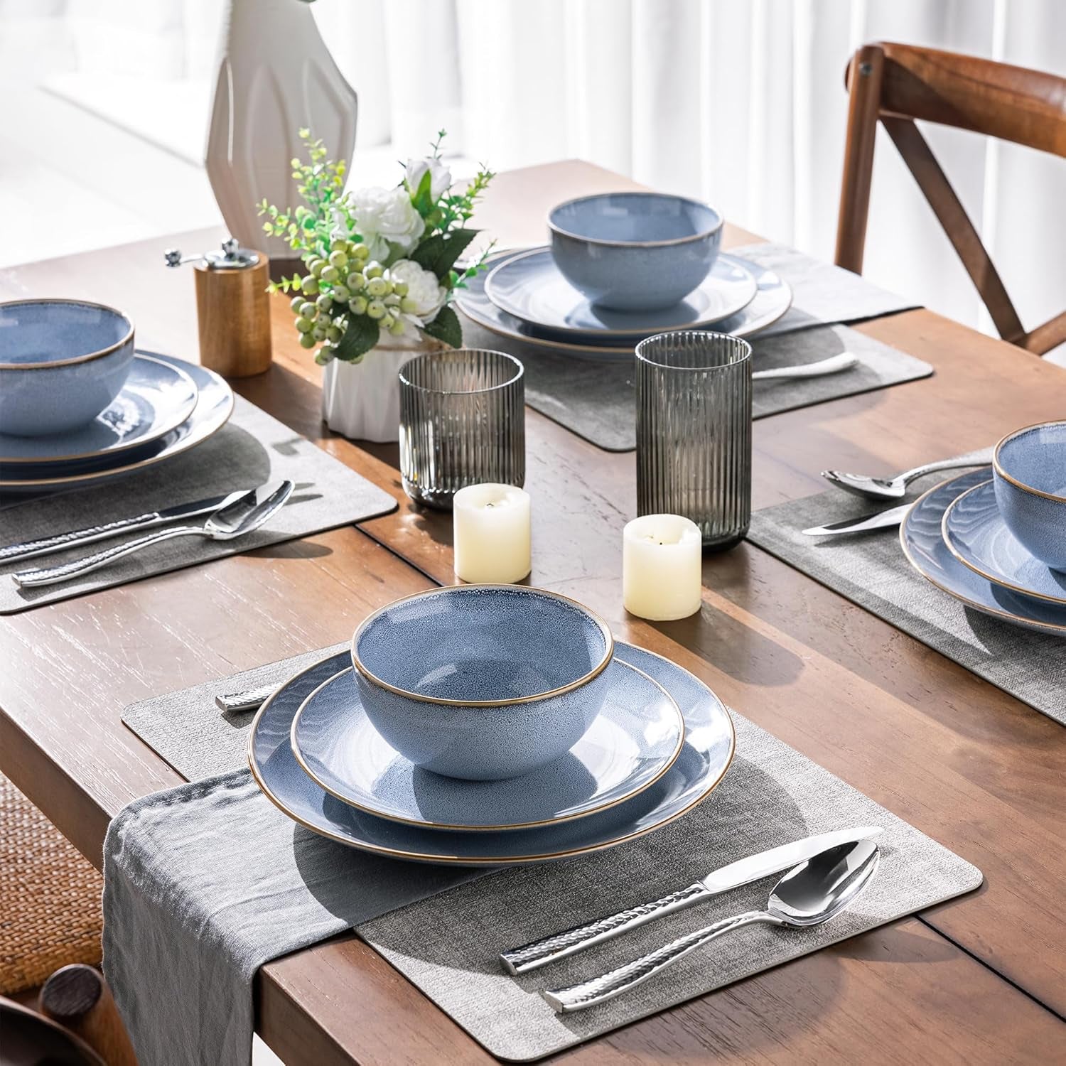 Ceramic Dinnerware Set for Four - 12-Piece Stoneware Plate and Bowl Collection with Reactive Glaze, Scratch Resistant, Dishwasher and Microwave Safe - Brunnera Blue