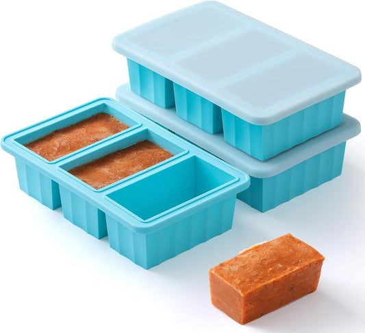 1-Cup Silicone Freezer Tray with Lid - Soup Food Cube Molds, Large Ice Cube Tray, Easy Meal Prep Kitchen Storage Container, Freeze Store Soup Block, Sauce, Broth, Leftovers - 3 Pack