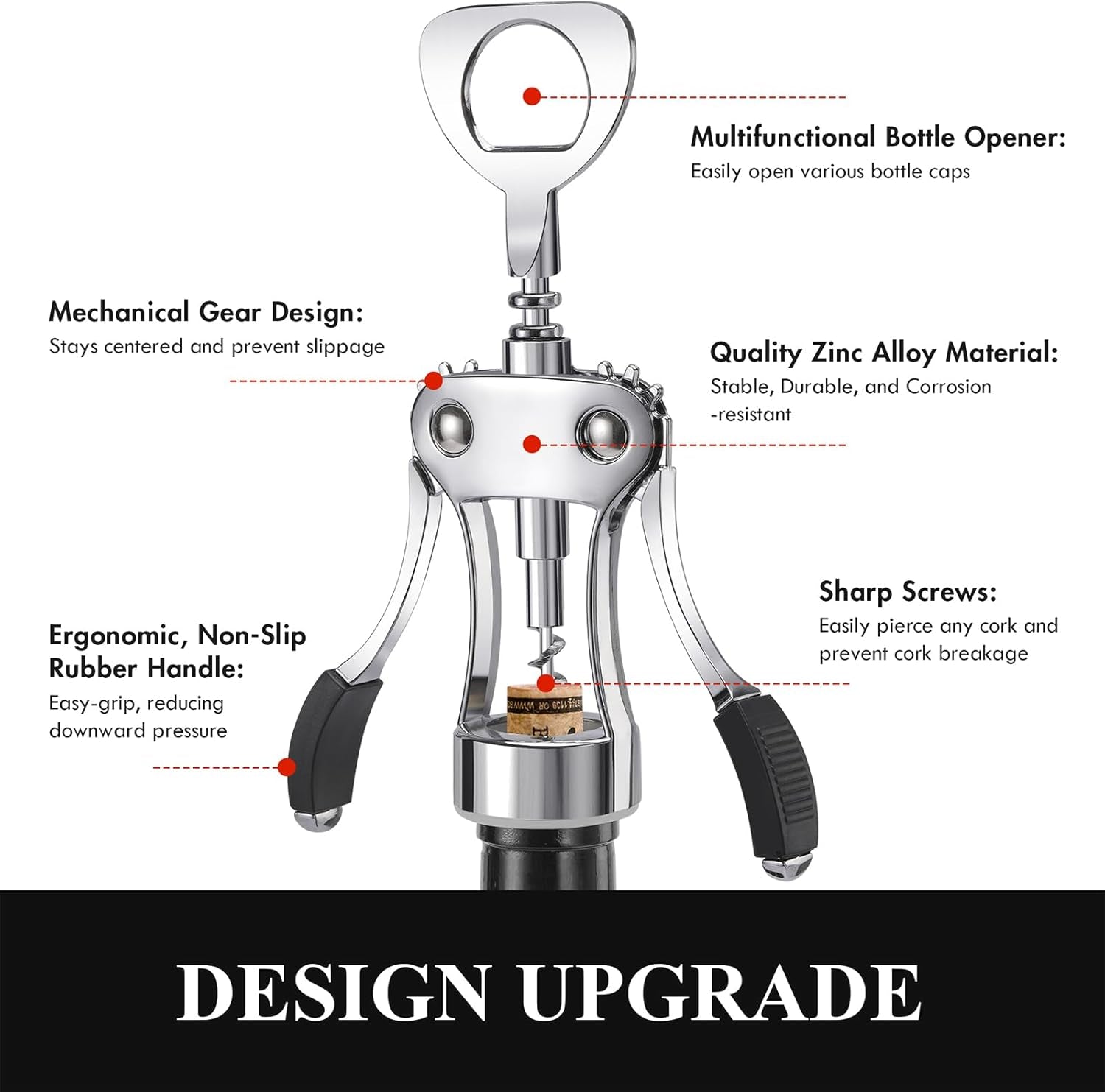 Wine Opener, Heavy-Duty Zinc Alloy Wing Corkscrew, Premium Beer Bottle Opener, Multifunctional Wine Accessories with Ergonomic Handle and Sharp Screw, for Kitchen, Bar, Restaurant, Bartenders