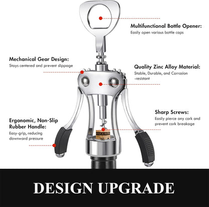 Wine Opener, Heavy-Duty Zinc Alloy Wing Corkscrew, Premium Beer Bottle Opener, Multifunctional Wine Accessories with Ergonomic Handle and Sharp Screw, for Kitchen, Bar, Restaurant, Bartenders