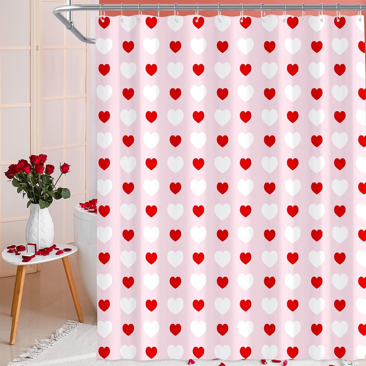 71 X 71 Inches Valentines Shower Curtain Red and White Love Heart Theme Romantic Bathroom Curtain Waterproof Polyester Curtain with Hooks Set for Valentine'S Bathroom Decorations