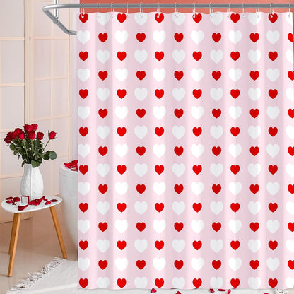 71 X 71 Inches Valentines Shower Curtain Red and White Love Heart Theme Romantic Bathroom Curtain Waterproof Polyester Curtain with Hooks Set for Valentine'S Bathroom Decorations