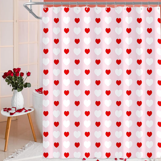 71 X 71 Inches Valentines Shower Curtain Red and White Love Heart Theme Romantic Bathroom Curtain Waterproof Polyester Curtain with Hooks Set for Valentine'S Bathroom Decorations