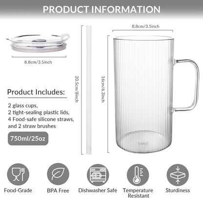 2 Pack 25Oz Glass Cups with Lids and Straws, High Borosilicate Ribbed Drinking Glasses Tumbler with Handle for Iced Coffee, Glassware Mason Jar Smoothie Cup for Long Drinks