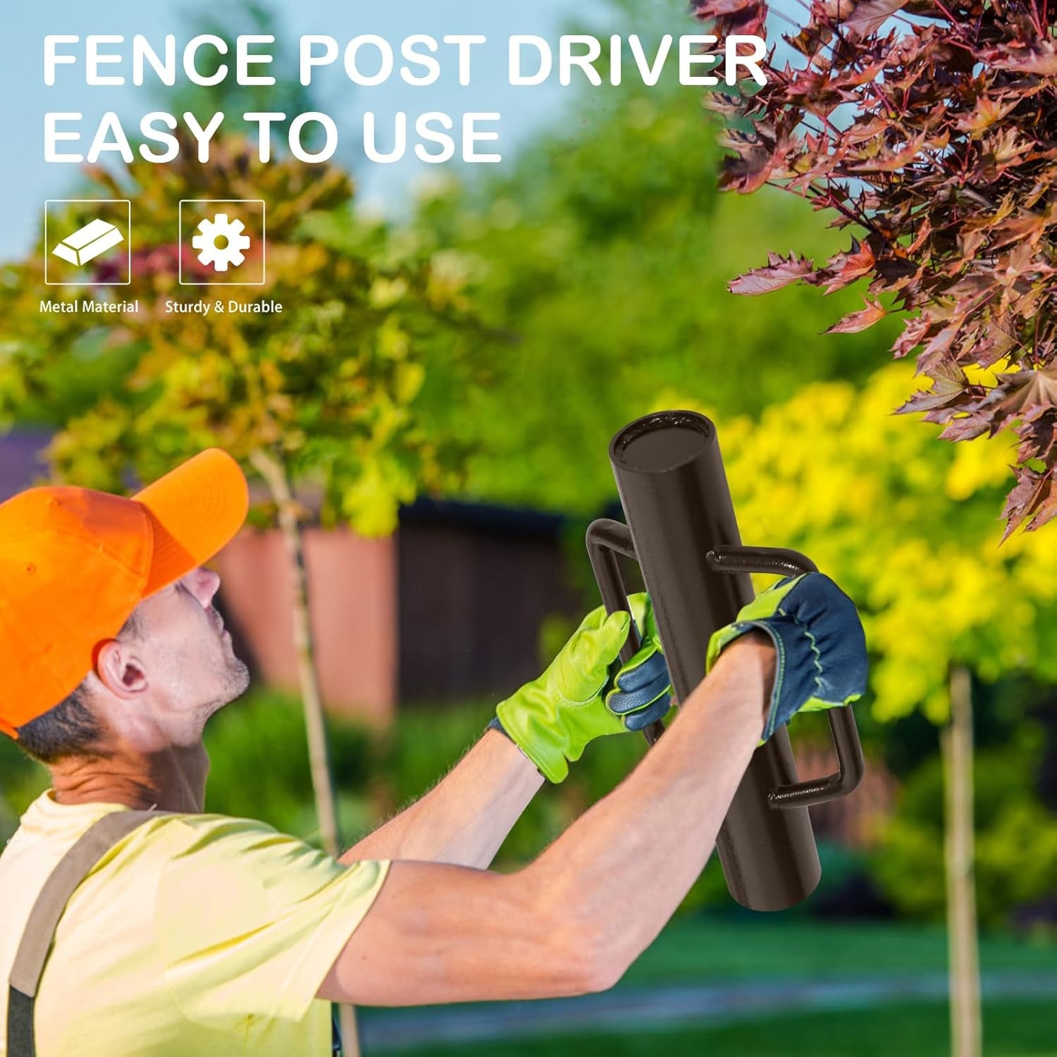 Fence Post Driver with Handle Steel Head Fence Post Driver 16.8 Inch T Post Driver/Rammer Brown Hand Heavy Duty Post Pounder