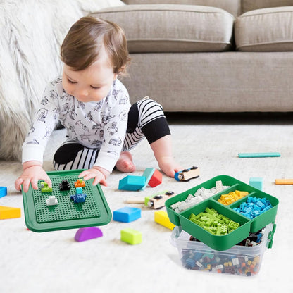Plastic Storage Container with Brick Baseplate Lid for Building Blocks, Compartmentalized Organizer Tray, Stackable Storage Box for Building Block Collection (Green)