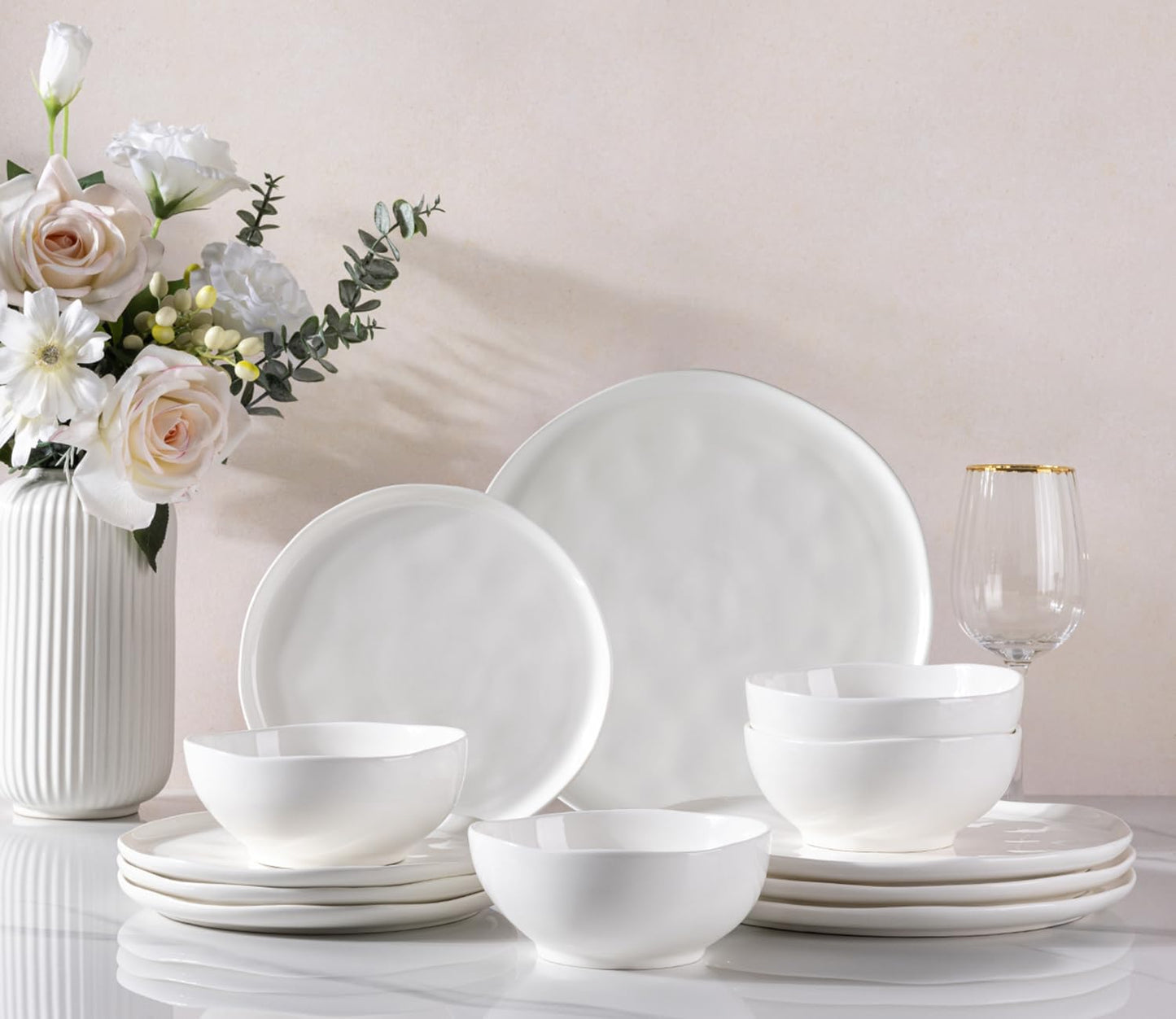 Ceramic Dinnerware Set for Four - 12-Piece Porcelain Dish Set, Lightweight and Scratch-Resistant, Oven, Microwave, and Dishwasher Safe in Angel White