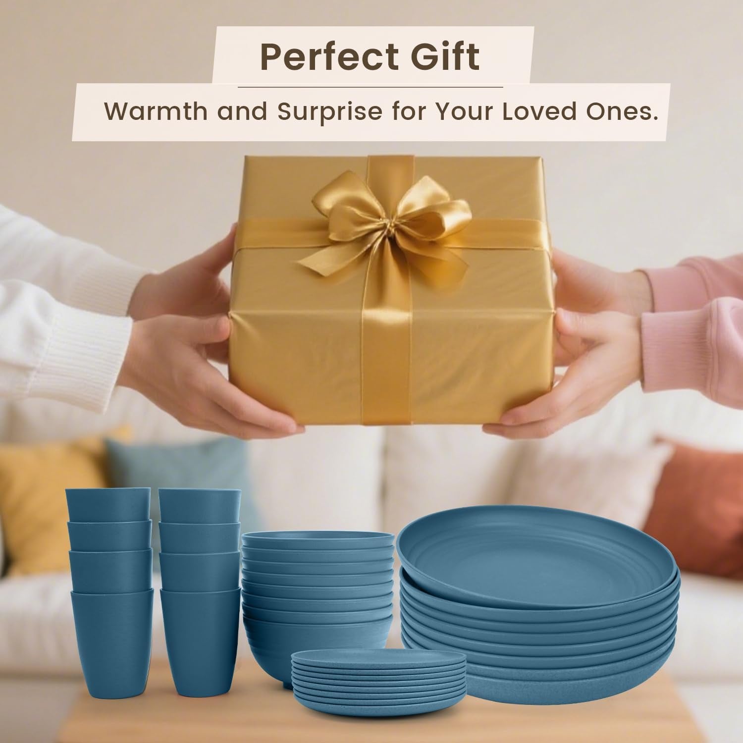 Premium Wheat Straw Dinnerware Set - Complete with Dinner Plates, Dessert Plates, Cereal Bowls, and Drinking Glasses - Microwave and Dishwasher Safe - Perfect for Camping - Blue
