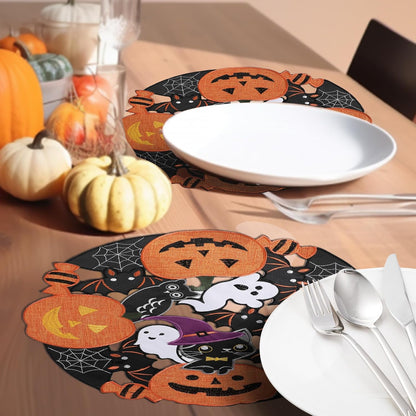 Halloween Placemats Set of 4, Embroidered Black round Placemats 15 Inches, Thanksgiving Fall Pumpkins Table Decorations for Kitchen & Dining Room, Gnomes Table Mats