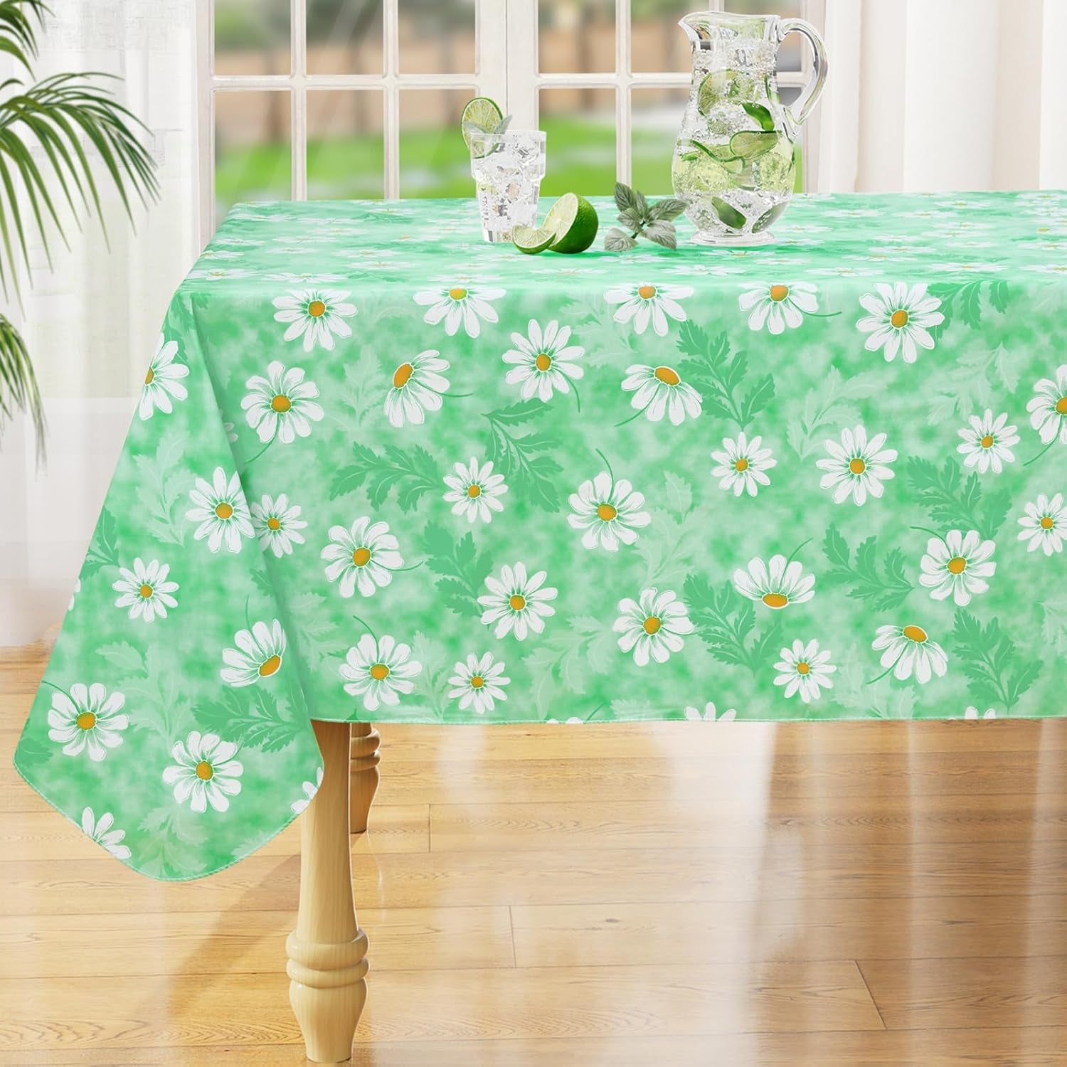 Rectangle Waterproof Vinyl Table Cloth, Wipeable Tablecloth with Flannel Backing, Plastic Table Cover for Dinner, Picnic, Indoor and Outdoor (Green Daisy, 60" X 84")