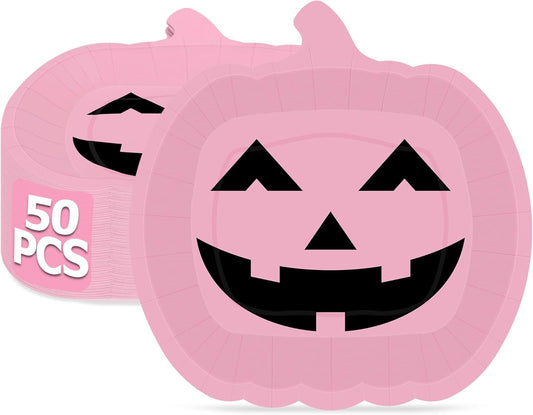 Pink Grimace Halloween Pumpkin Plates - 50 PCS, 9.6'' X 9.4'' Disposable Paper Plates for Party Supplies and Decorations