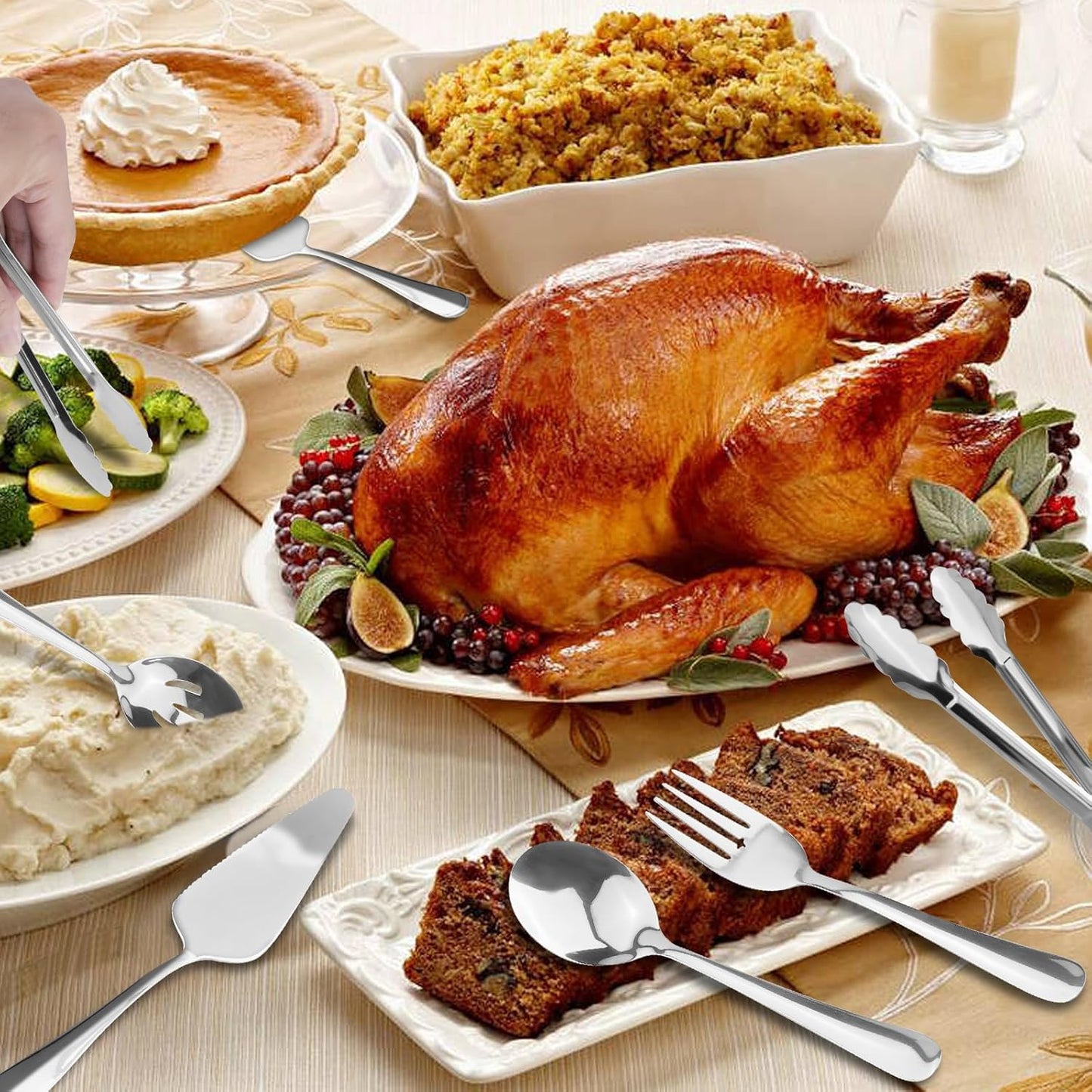 Serving Utensils,  6-Piece Stainless Steel Serving Utensil Set Include Serving Spoon, Slotted Serving Spoon, Serving Fork,Serving Tong, Appetizers Tong,Pie Server (Silver), Regular