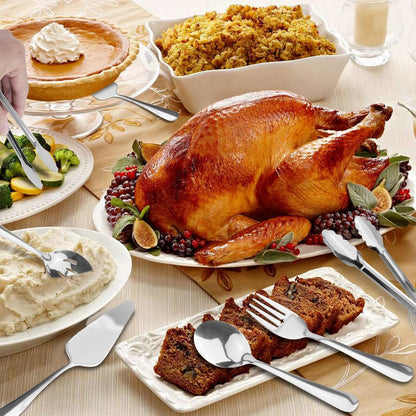 Serving Utensils,  6-Piece Stainless Steel Serving Utensil Set Include Serving Spoon, Slotted Serving Spoon, Serving Fork,Serving Tong, Appetizers Tong,Pie Server (Silver), Regular