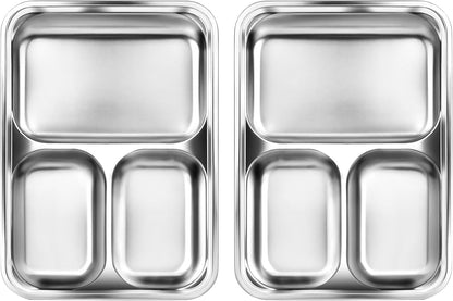 2 Pcs Stainless Steel Kids Plates Set, Toddler Baby Adults Divided Plate, Portion Control Plates for Bariatric & Diabetic Diet, Non Toxic Camping Metal Snack Plate for Eating, Easy to Clean, Silver