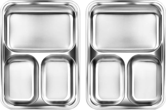 2 Pcs Stainless Steel Kids Plates Set, Toddler Baby Adults Divided Plate, Portion Control Plates for Bariatric & Diabetic Diet, Non Toxic Camping Metal Snack Plate for Eating, Easy to Clean, Silver