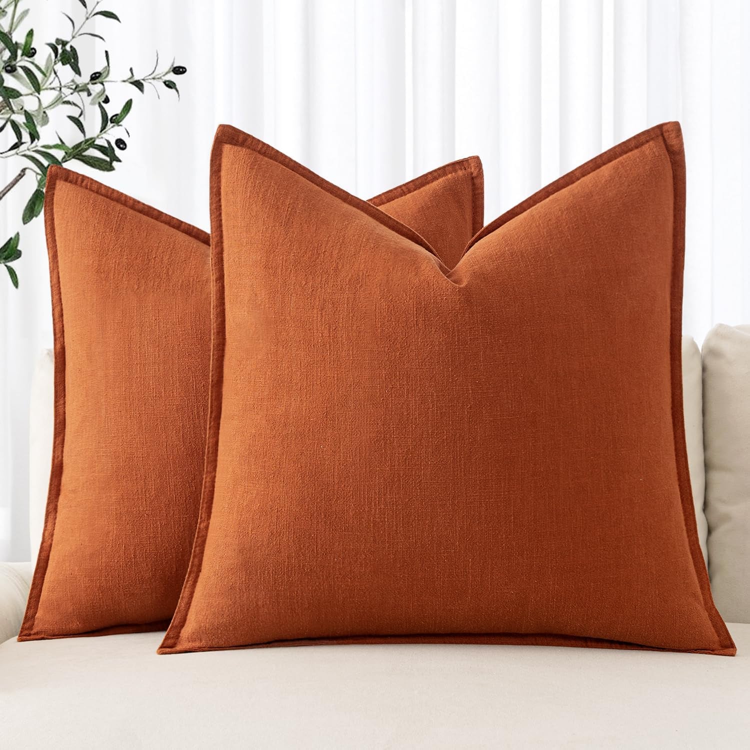 Fall Decorative Linen Pillow Covers 18X18 Inch Burnt Orange ​Boho Farmhouse​ ​Neutral Couch Throw Pillows for Bed Pack of 2 Accent Modern Pillowcase Summer Sofa Livingroom Home Decor