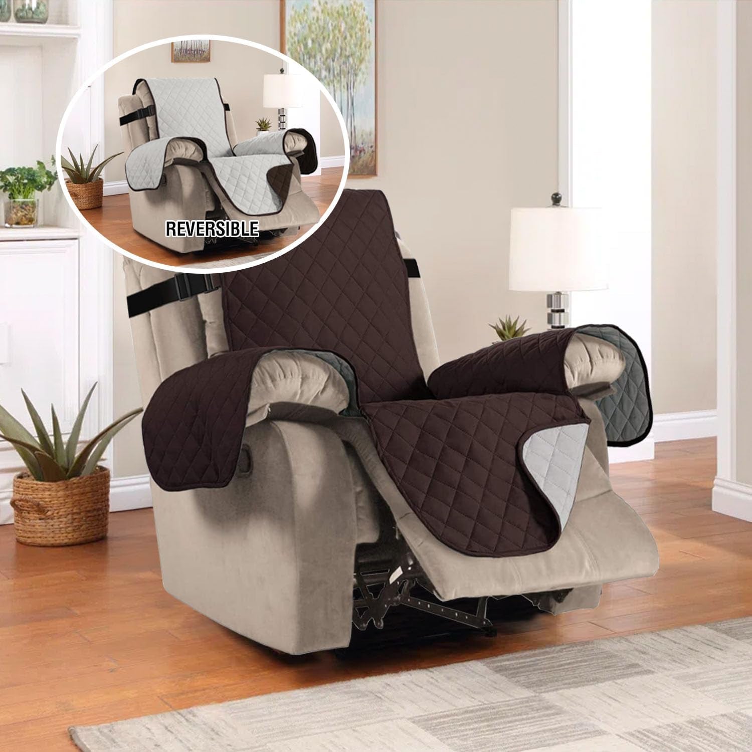 Reversible Quilted Recliner Covers Recliner Chair Cover Water Resistant Furniture Protector Washable Couch Cover with Elastic Straps for Kids, Pets (Recliner, Brown/Beige)