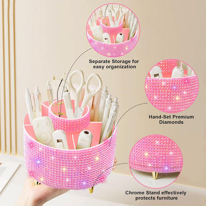Bling Diamond 360° Makeup Brush Holder Organizer, Rotating Makeup Brush Organizer,5 Slot Make up Brushes Cup for Cosmetics, Vanity Desktop Organizer, Gift for Women Teen Girls- Diamond Pink