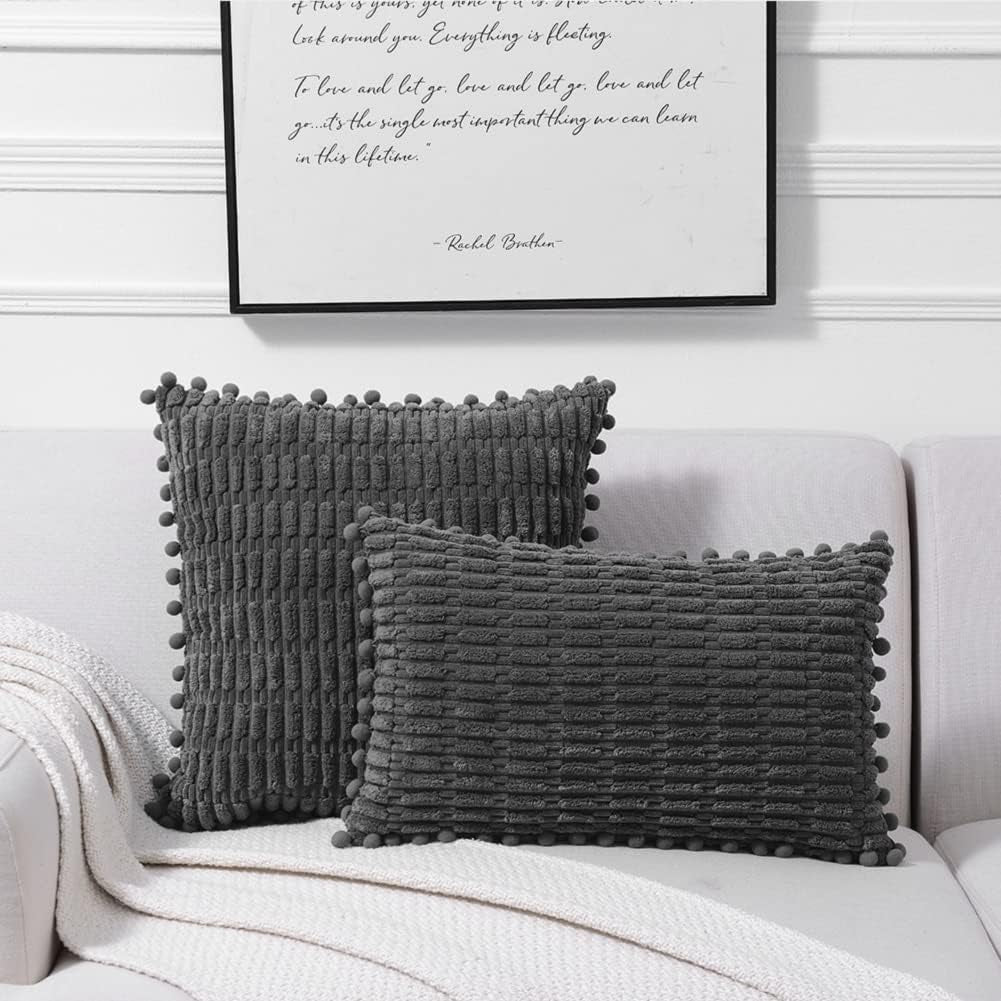 2 Packs Dark Grey Decorative Throw Pillow Covers 20X20 Inch with Pom-Poms for Couch Bed Living Room, Farmhouse Boho Home Decor, Soft Corduroy Cute Square Cushion Case 50X50 Cm