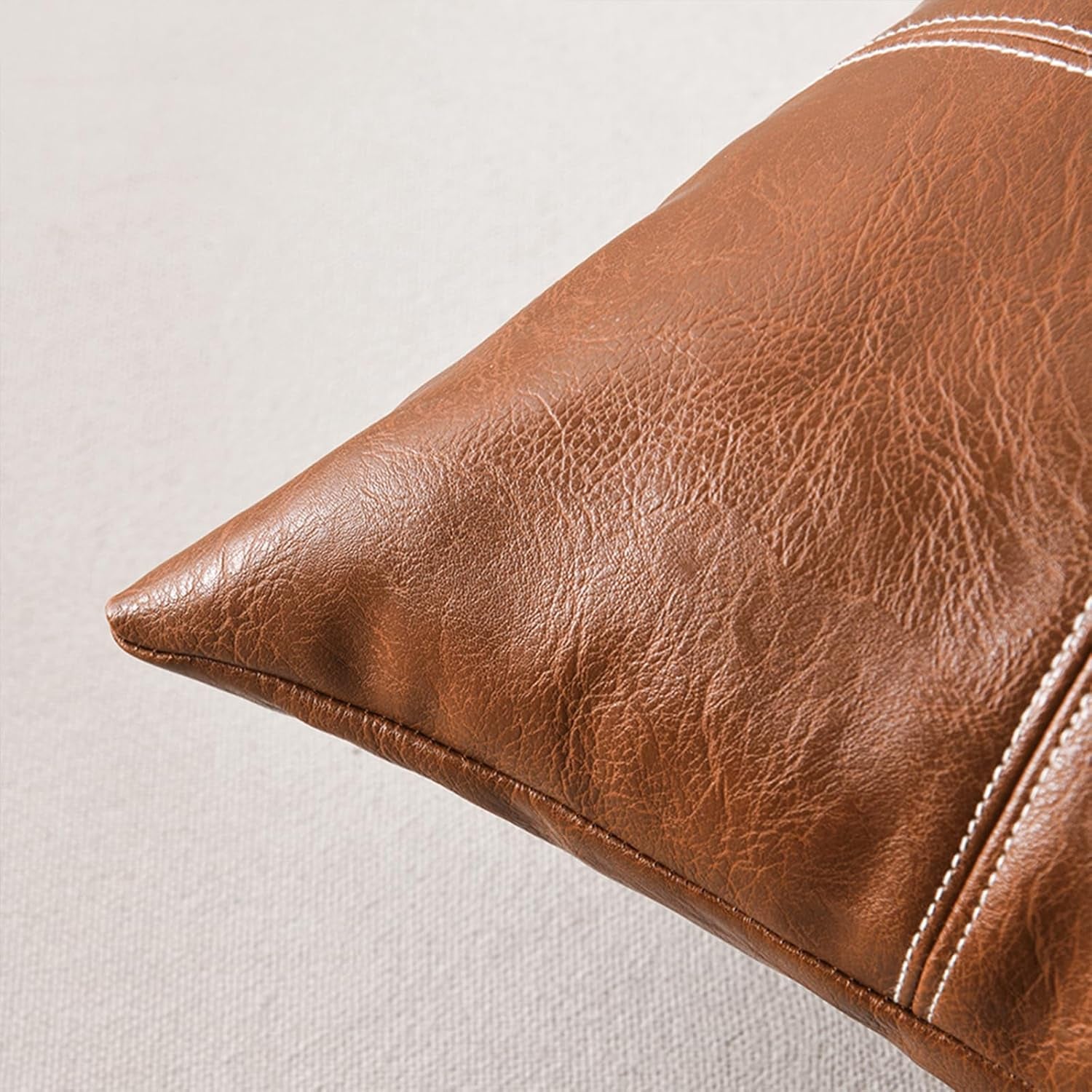 2 Packs Brown Boho Lumbar Plaid Faux Leather Decorative Throw Pillow Covers 12X20 Inch for Living Room Couch Bed, Rustic Modern Home Decor, Hand Stitched Rectangle Cushion Case 30X50 Cm