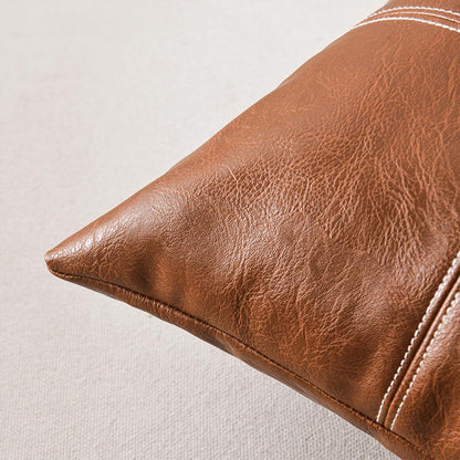 2 Packs Brown Boho Lumbar Plaid Faux Leather Decorative Throw Pillow Covers 12X20 Inch for Living Room Couch Bed, Rustic Modern Home Decor, Hand Stitched Rectangle Cushion Case 30X50 Cm