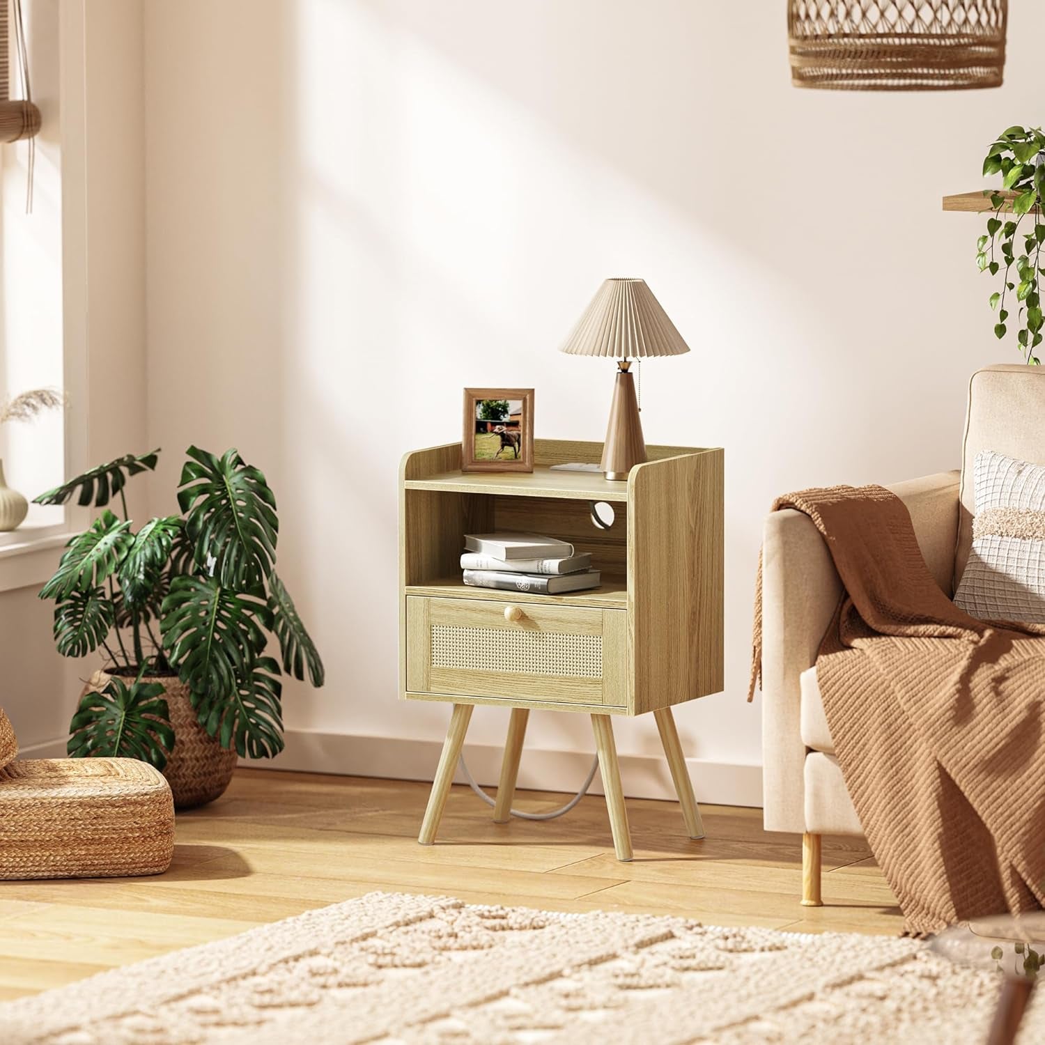 Set of 2 Nightstands with Charging Station and PE Rattan Decor Drawer, Solid Wood Feet, Suitable for Bedroom and Living Room - Natural Finish