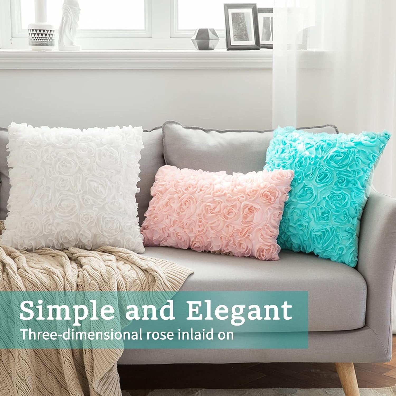 3D Decorative Chiffon Rose Flower Throw Pillow Cover - Romantic Solid Pillowcase for Weddings, Sofas, Bedrooms, and Cars - Peach Pink, 12x20 Inch (30x50 cm)