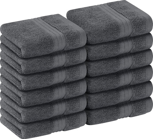 12 Pack Premium Wash Cloths Set, 12 by 12 Inches, 100% Cotton Ring Spun, Highly Absorbent and Soft Feel Washcloths for Bathroom, Spa, Gym, and Face, Grey