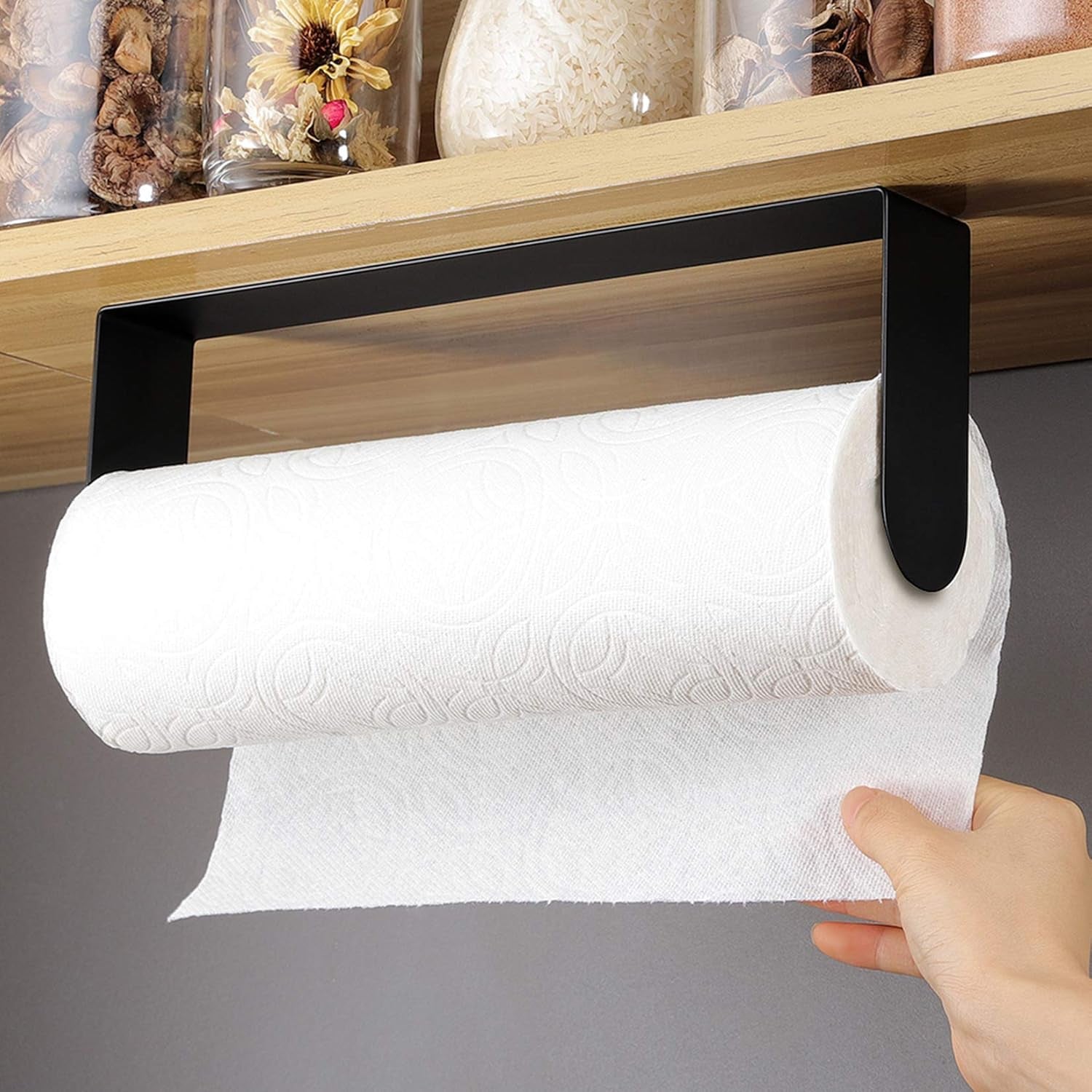Wall-Mounted Black Paper Towel Holder - Self-Adhesive Under-Cabinet Rack in SUS-304 Stainless Steel for Kitchen Use