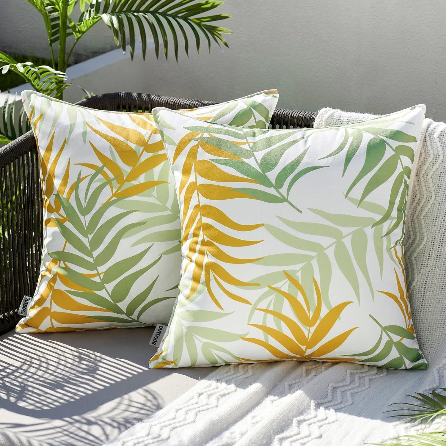 Pack of 2 Decorative Outdoor Waterproof Throw Pillow Covers Patio Pillow Cases Natural Leaves Pattern Spring Square Cushion Shams Shell for Garden Balcony Couch 16X16 Inch, Green&Yellow