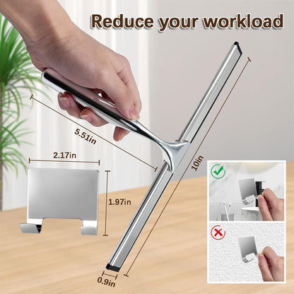 Shower Squeegee for Glass Doors, Stainless Steel Squeegee for Shower Glass with Adhesive Hook, 10’’ Multi-Purpose Window Squeegee for Window Cleaning, Bathroom, Glass, Car Windows, Mirrors, Tiles