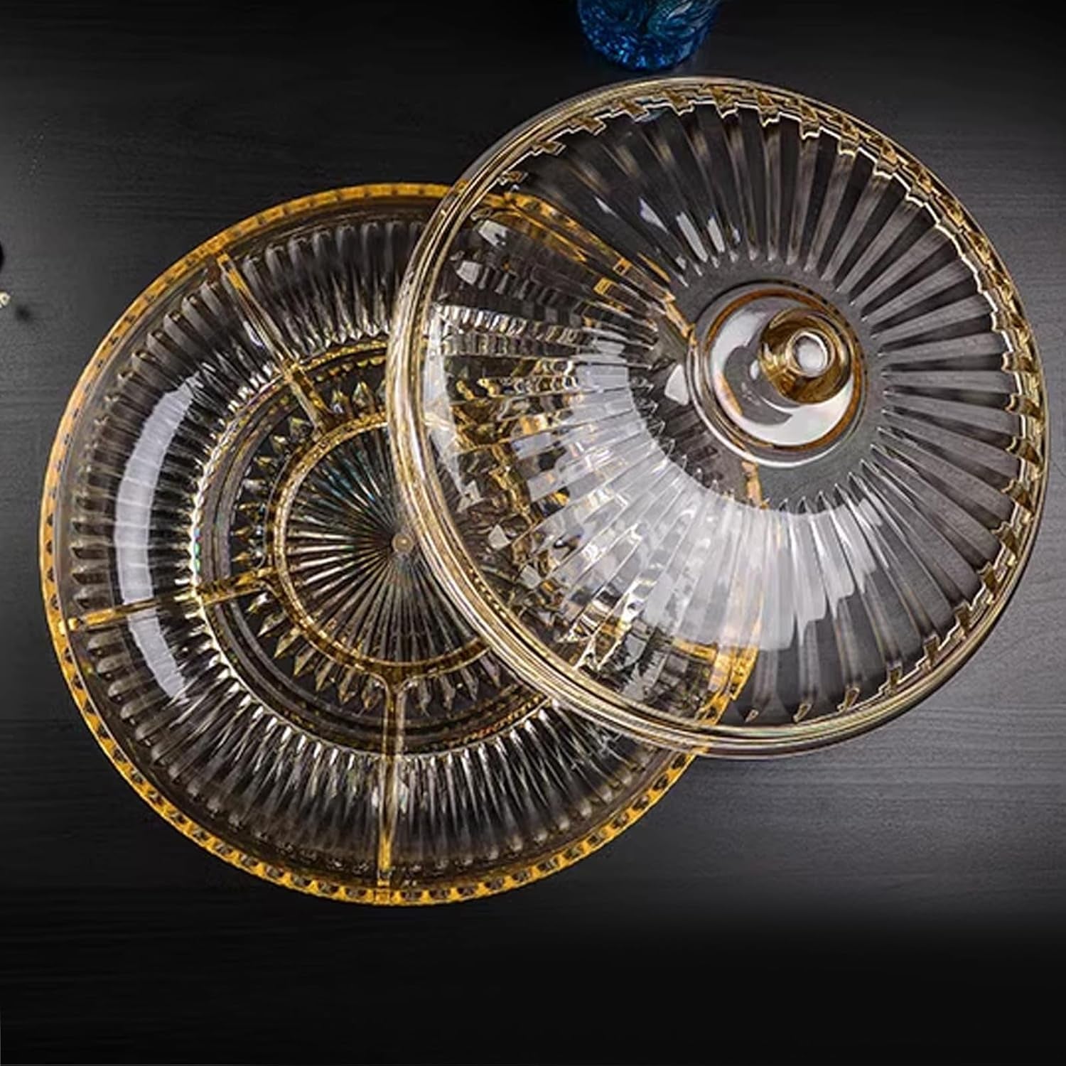 Creative Acrylic Multifunctional Party Snack Tray with Lid,Serving Dishes for Dried Fruits Nuts Candies Fruits,6-Compartment (Amber)