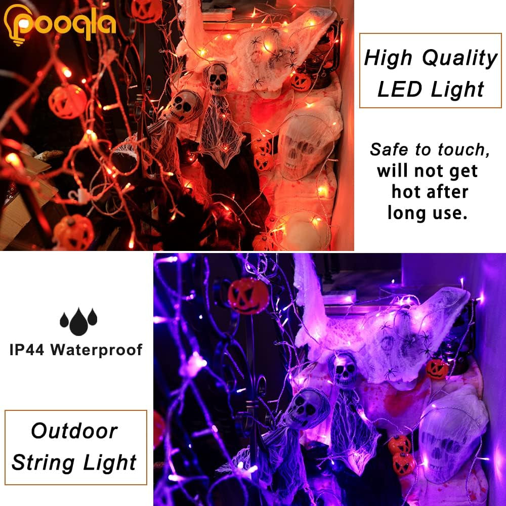 Halloween Lights, 66 Ft 200 LED Indoor Outdoor Halloween String Lights Plug In, Connectable 8 Modes Clear Wire Twinkle Fairy String Lights for Xmas Tree Decoration Clear Wire, Orange and Purple