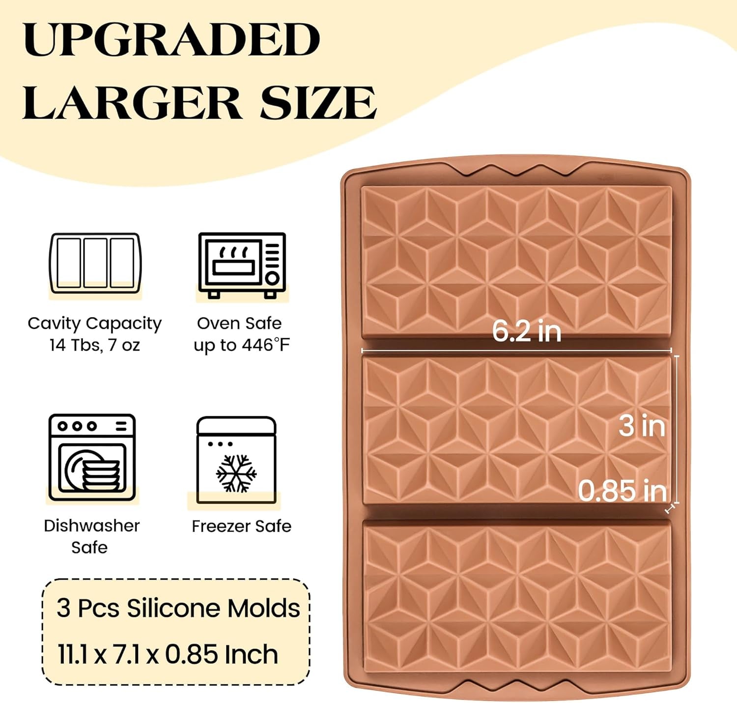 Large Silicone Mold Set for Deep Dubai Chocolate Bars - 3 Piece Pyramid-Shaped Molds for Knafeh, Pistachio, and Thick Candy Fillings