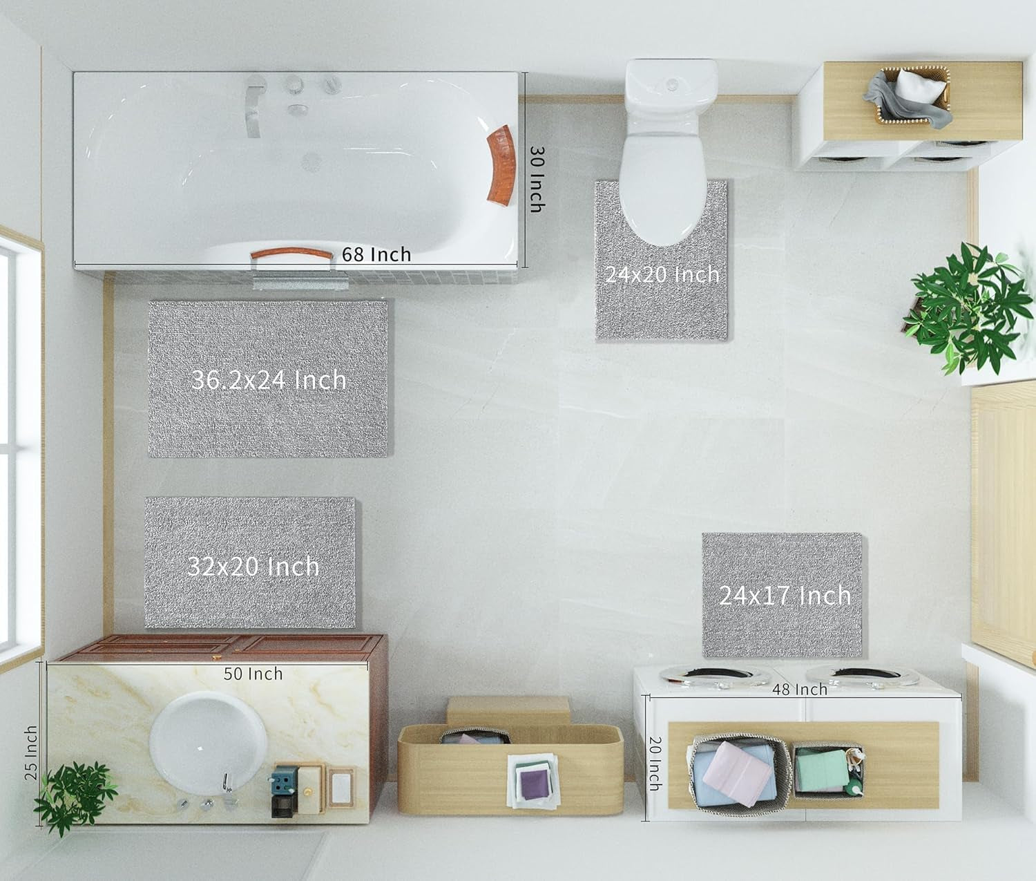 Bathroom Rugs Non Slip Washable, Extra Soft Comfortable Bath Mat, Water Absorbent Thick Floor Mats, Shaggy Rugs for Shower Bathtubs, 24"X17", Grey&White