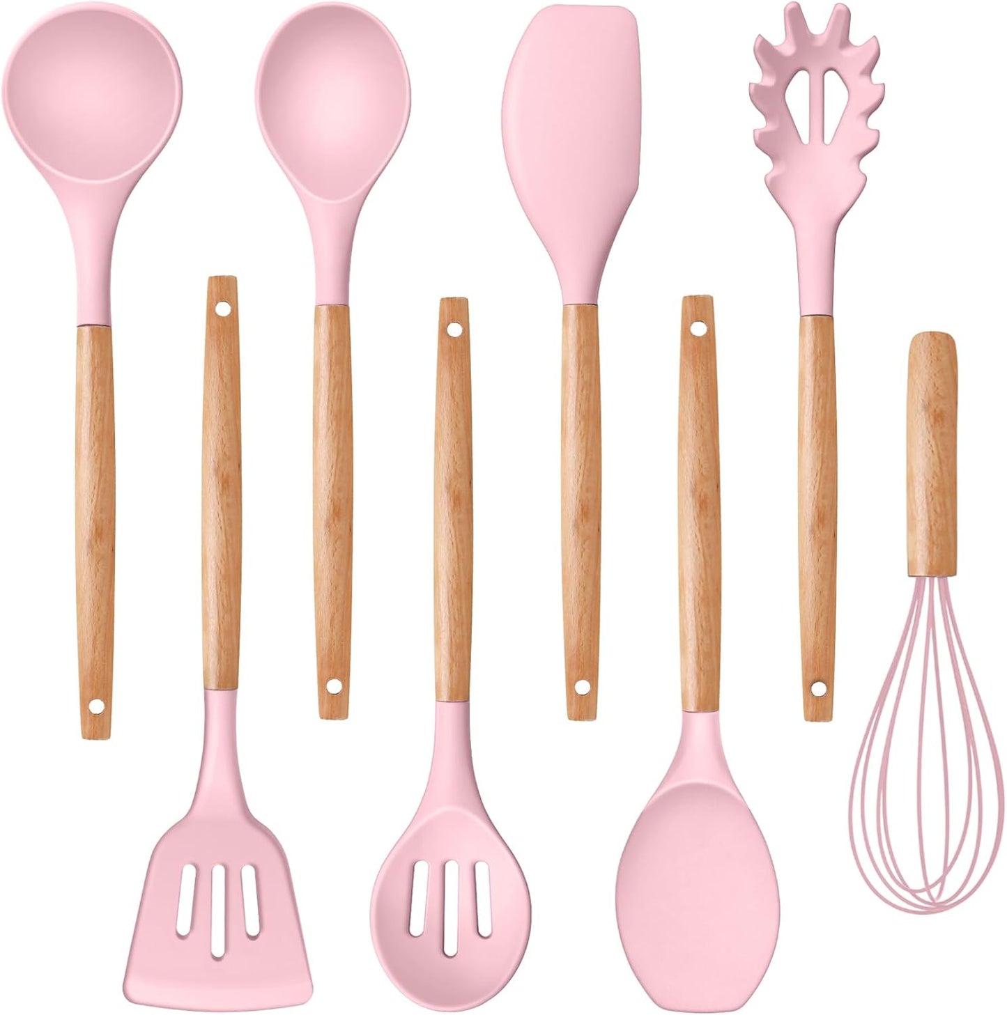Silicone Cooking Utensils Set, 8-Piece Kitchen Cooking Utensil with Wooden Handle, Silicone Spatula for Nonstick Cookware, Heat-Proof & Easy Clean, Pink