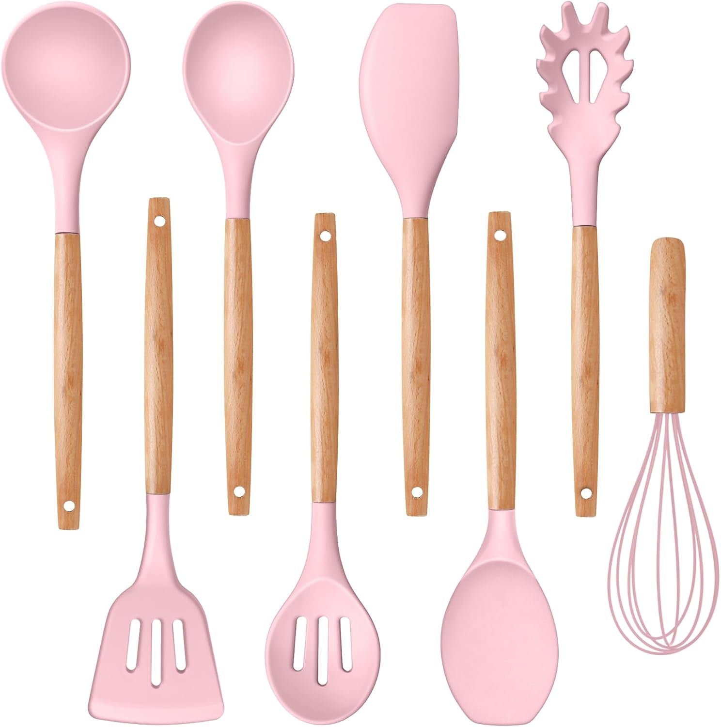 Silicone Cooking Utensils Set, 8-Piece Kitchen Cooking Utensil with Wooden Handle, Silicone Spatula for Nonstick Cookware, Heat-Proof & Easy Clean, Pink