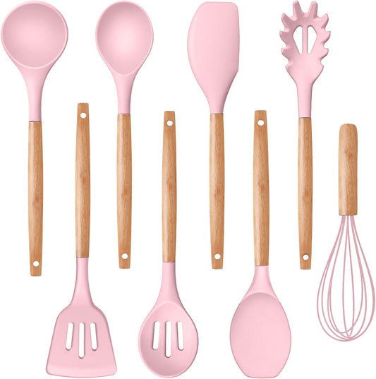 Silicone Cooking Utensils Set, 8-Piece Kitchen Cooking Utensil with Wooden Handle, Silicone Spatula for Nonstick Cookware, Heat-Proof & Easy Clean, Pink