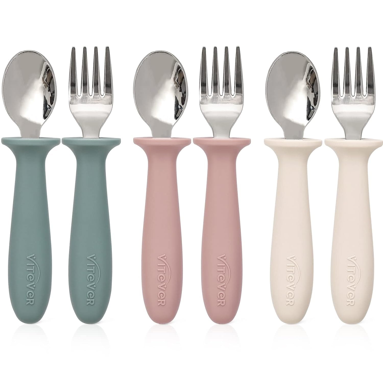 6 Pieces Toddler Utensils, Kids Silverware Set with Silicone Handle, Children Safe Spoons and Forks, 18/8 Stainless Steel, Food-Grade Silicone - Dishwasher Safe