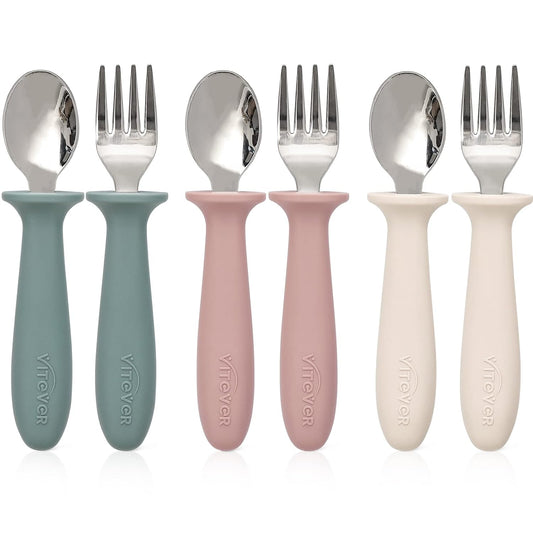 6 Pieces Toddler Utensils, Kids Silverware Set with Silicone Handle, Children Safe Spoons and Forks, 18/8 Stainless Steel, Food-Grade Silicone - Dishwasher Safe