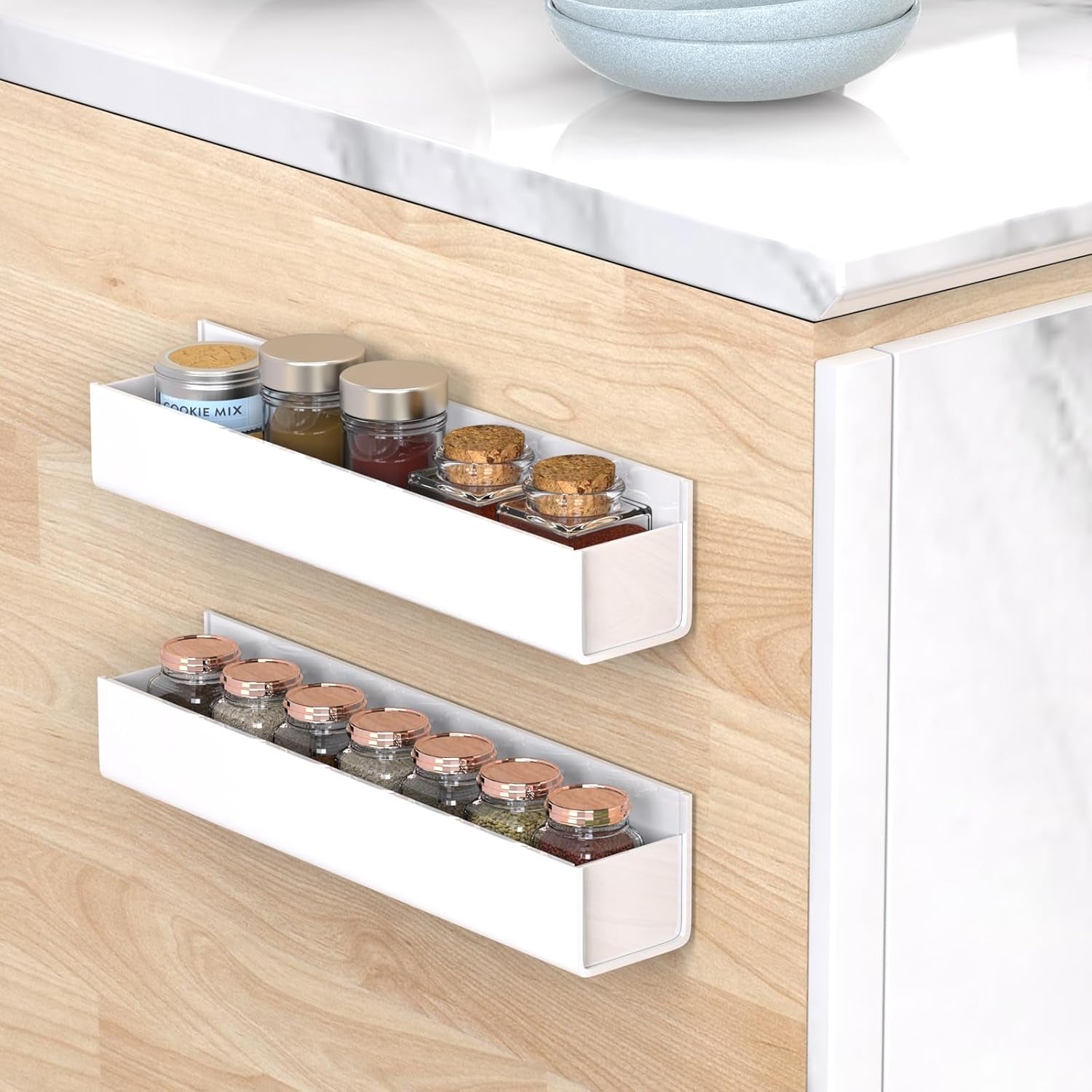 Adhesive Acrylic Spice Rack with Nano Double Sided Tape Wall Mount Organizer Wall Spice Rack with Shelf Ends for Kitchen Cabinet Door - 2 Pack 12'' Shelves (White)