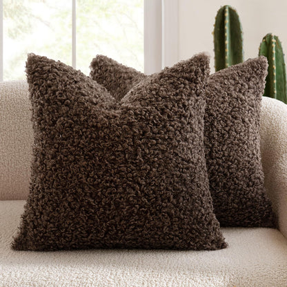 Pack of 2 Faux Fur Chocolate Throw Pillow Covers 18X18 Inch Boucle Decorative Sherpa Pillow Covers Fuzzy Accent Soft Sheepskin Fleece for Boho Home Decor Sofa Living Room Couch Bed