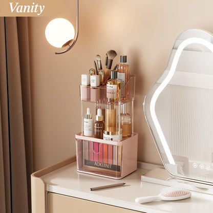 Makeup Organizer Countertop, 3-Tier Vanity Organizer with Large Drawers and Top 6-Grid Section, Suitable for Bathroom Counter, Dresser, Storage for Cosmetics, Skincare, Perfume, Lipstick, Pink